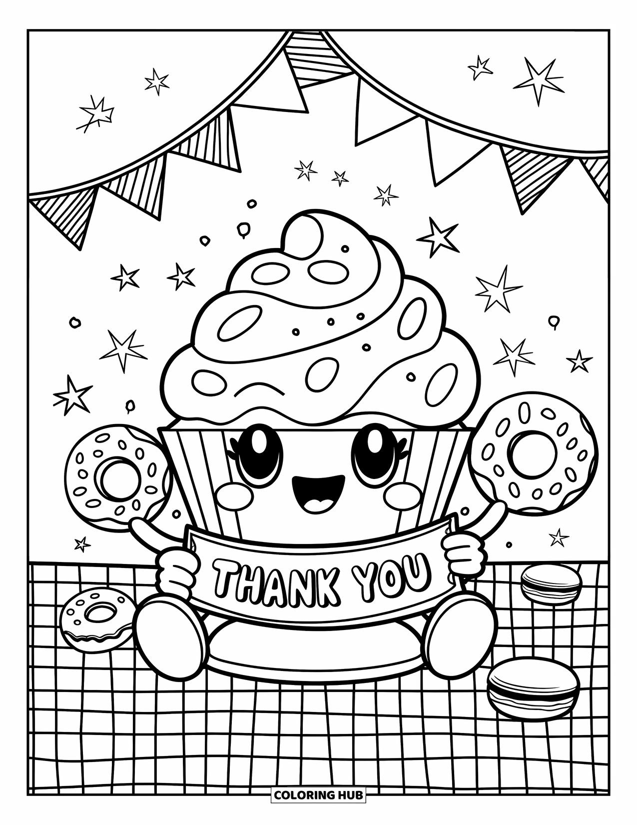 Gratitude Coloring Page for Adults: A cupcake with a "Thank You" banner sits with candy friends under twinkling bunting flags
