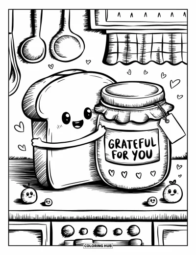 Coloriage de gratitude pour adultes : Une tranche de pain souriante enlace un pot de confiture étiqueté "Grateful for you" dans une petite cuisine