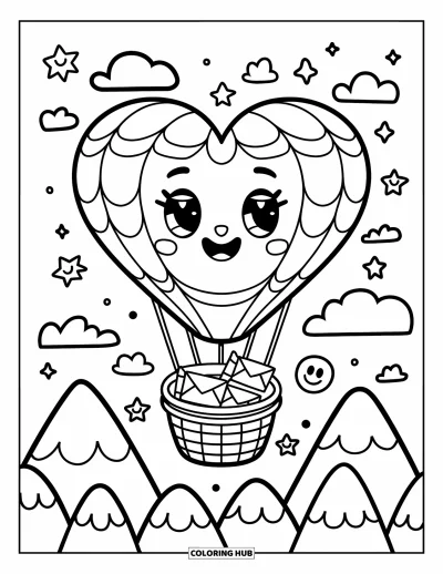 Coloriage de gratitude pour adultes : Un ballon en forme de cœur avec un visage souriant qui s'envole avec des lettres de remerciement et de mignonnes étoiles