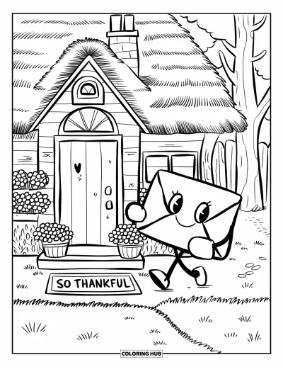 Coloriage de gratitude pour adultes : Une enveloppe souriante apporte une lettre adorable à une petite maison entourée d'arbres