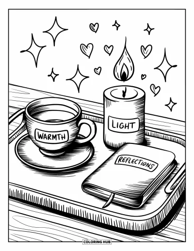 Coloriage de gratitude pour adultes : Un plateau douillet avec une tasse de thé, une bougie et un journal pour savourer un moment de gratitude