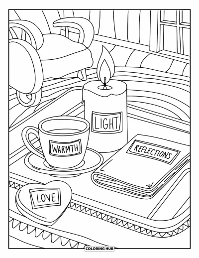 Coloriage de gratitude pour adultes : Un plateau avec une tasse de thé, une bougie, un journal et un biscuit en forme de cœur dans une pièce accueillante