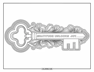 Coloriage de gratitude pour adultes : Une clé de style vintage gravée de "Gratitude Unlocks Joy" encadrée par de délicates arabesques