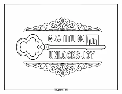 Coloriage de gratitude pour adultes : Une élégante clé gravée de "Gratitude Unlocks Joy" encadrée par de fines arabesques