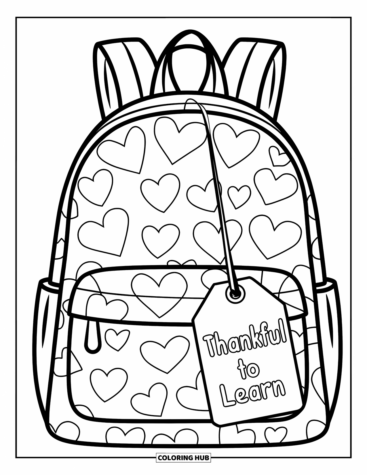 Gratitude Coloring Page for Kids: A backpack full of hearts with a tag reading "Thankful to Learn"