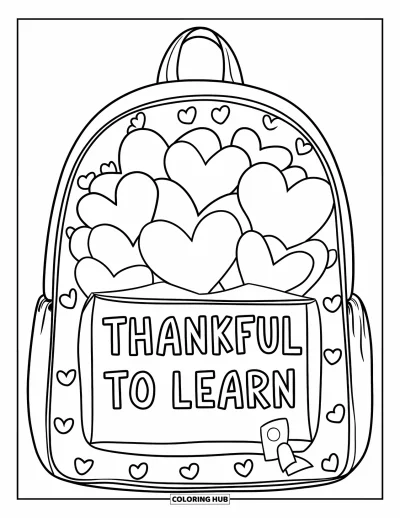 Coloriage de gratitude pour enfants : Un sac à dos rempli de cœurs avec une étiquette "Thankful to Learn"