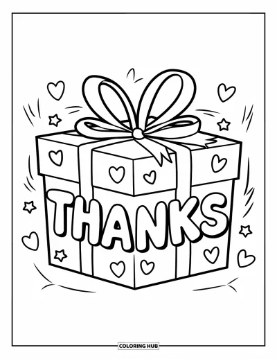 Coloriage de gratitude pour enfants : Un grand cadeau emballé avec "Thanks" et des cœurs et des étoiles éparpillés autour