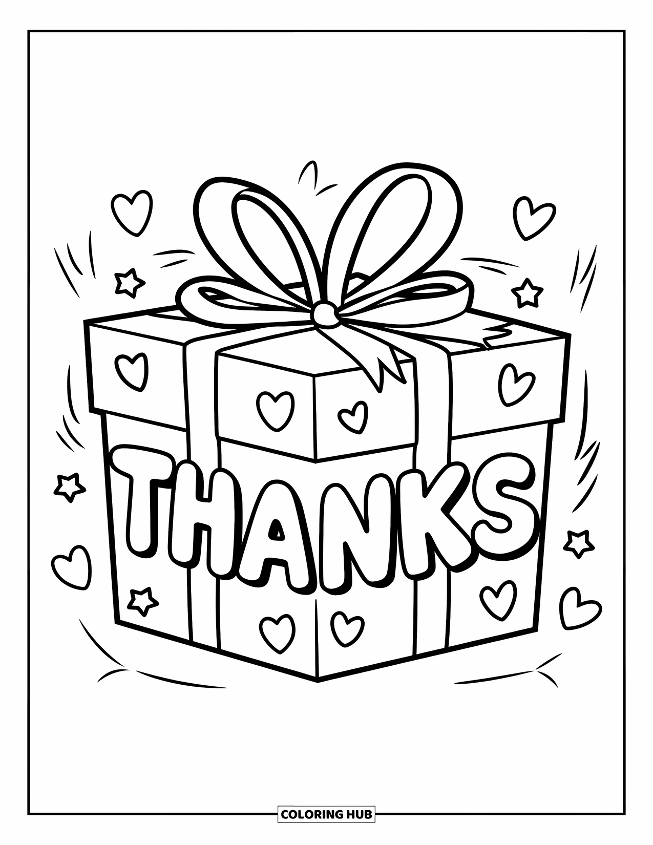 Gratitude Coloring Page for Kids: A big gift box with "Thanks" and scattered hearts and stars around it