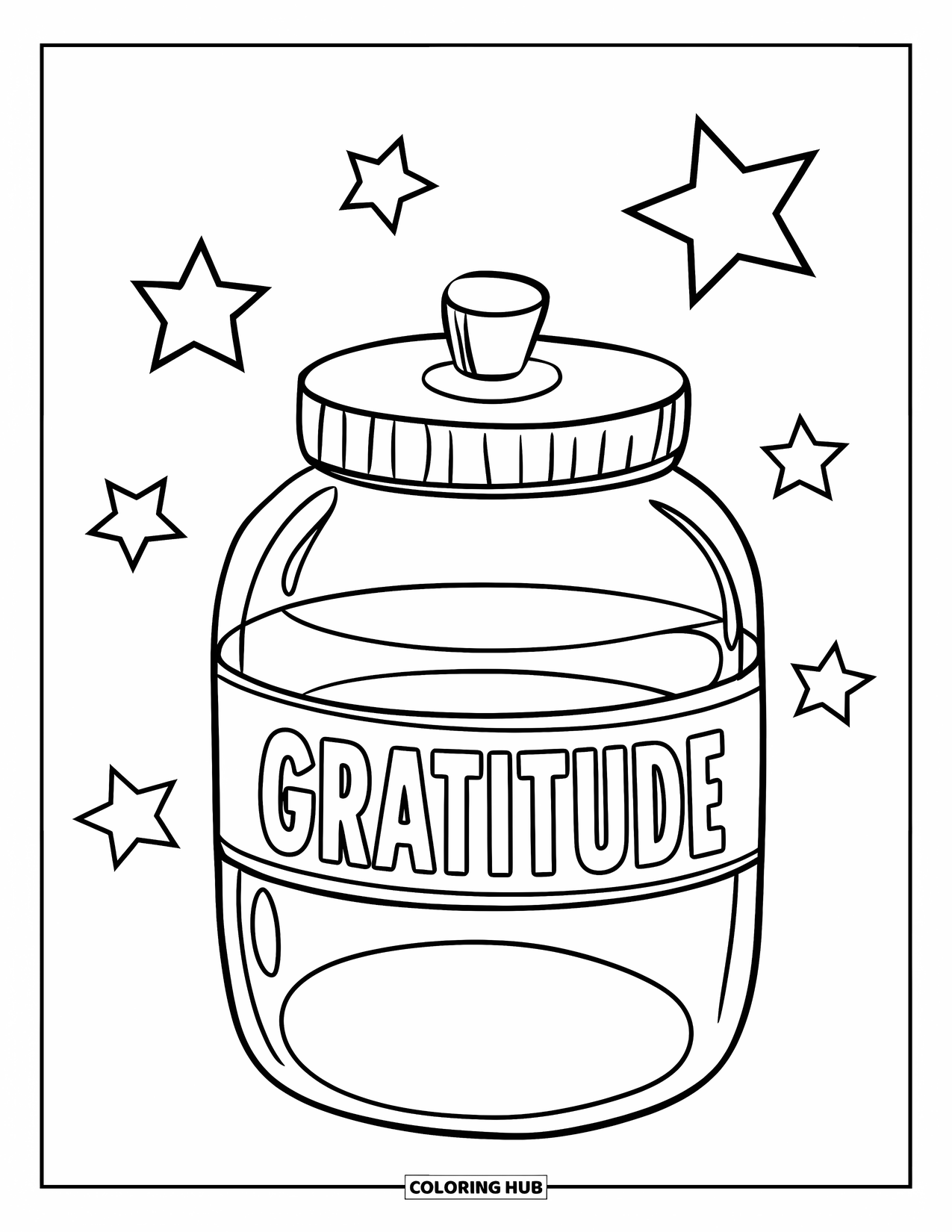 Gratitude Coloring Page for Kids: A big jar with "Gratitude" on it and stars drifting nearby