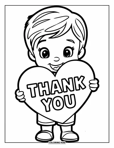 Coloriage de gratitude pour enfants : Un enfant joyeux tient un grand cœur avec l'inscription "Thank You"