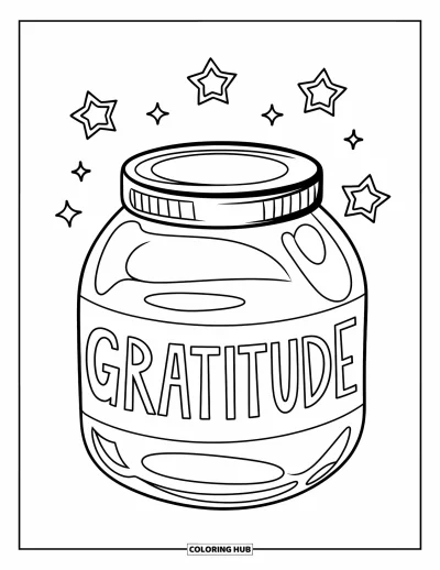 Coloriage de gratitude pour enfants : Un joyeux bocal avec l'inscription "Gratitude" entouré d'étoiles flottantes
