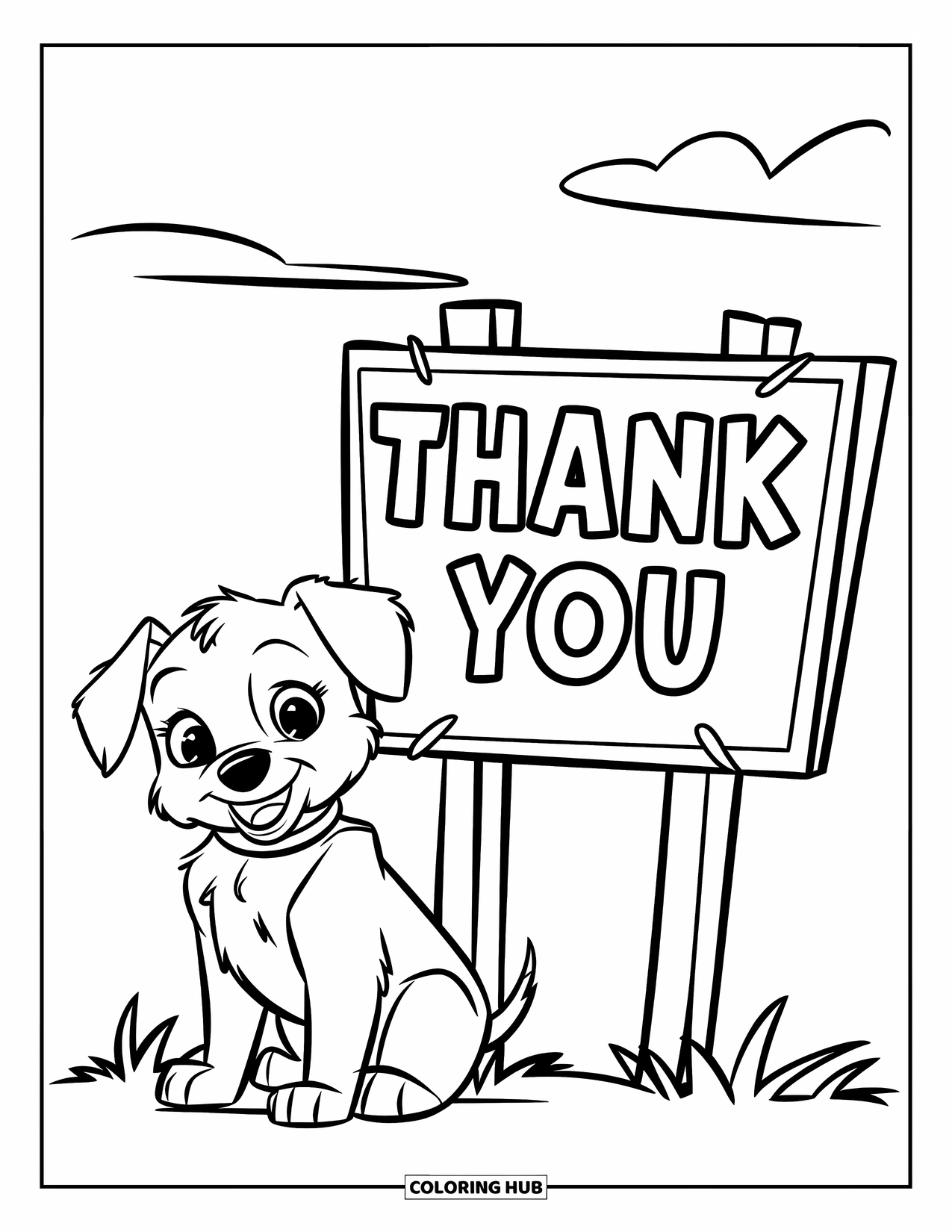Gratitude Coloring Page for Kids: A cute puppy with a collar sits by a "Thank You" sign under the sky