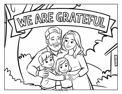 Coloriage de gratitude pour enfants : Une famille qui se serre dans les bras sous une banderole "We Are Grateful" près d'un arbre et d'une maison