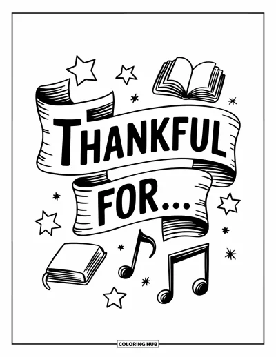 Coloriage de gratitude pour enfants : Une banderole flottante "Thankful For" avec des icônes de livres, d'étoiles, de câlins et de musique