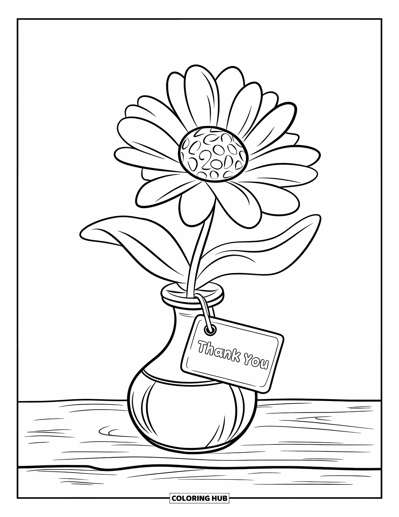 Gratitude Coloring Page for Kids: A flower in a vase on a table holds a "Thank You" tag on its stem