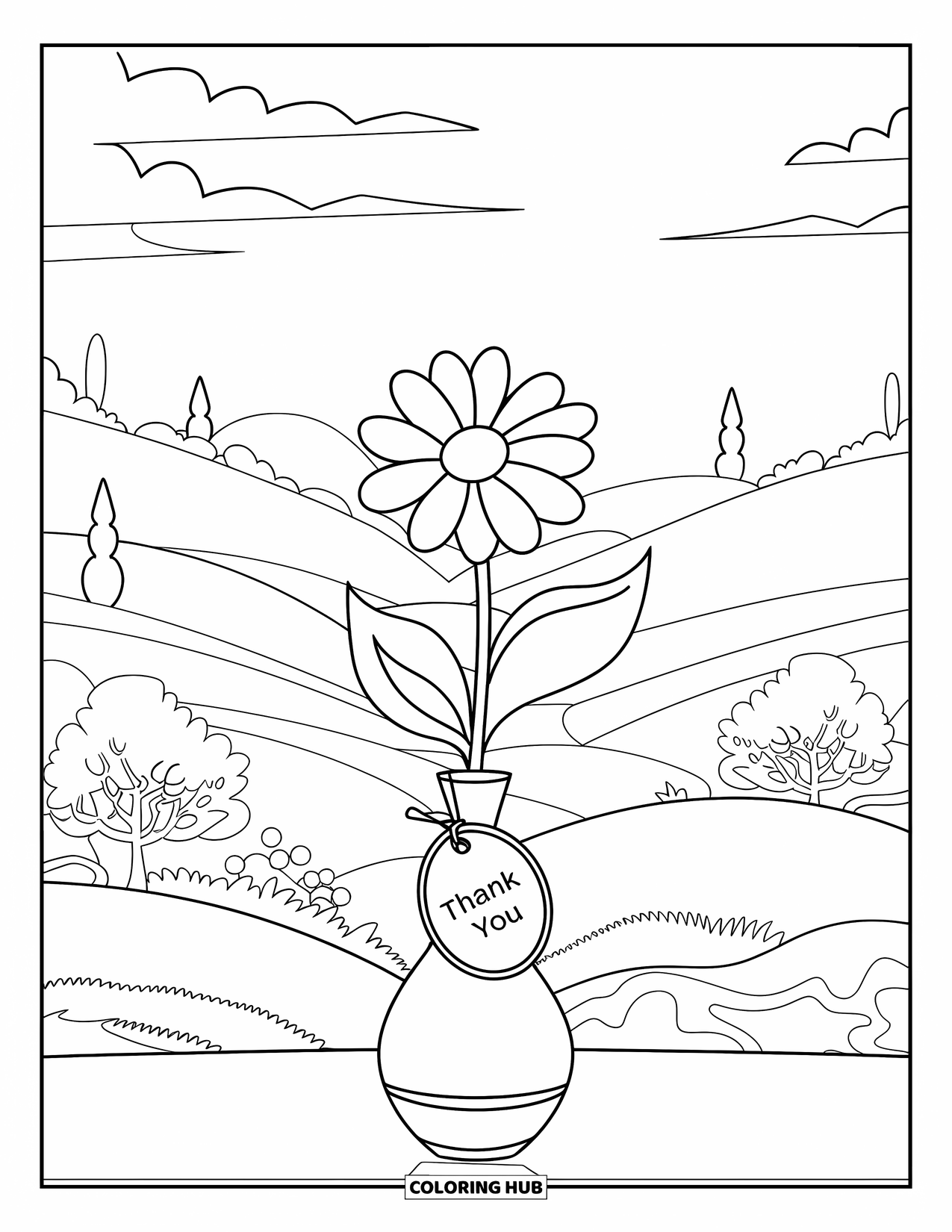 Gratitude Coloring Page for Kids: A flower in a vase on a table with a "Thank You" tag attached