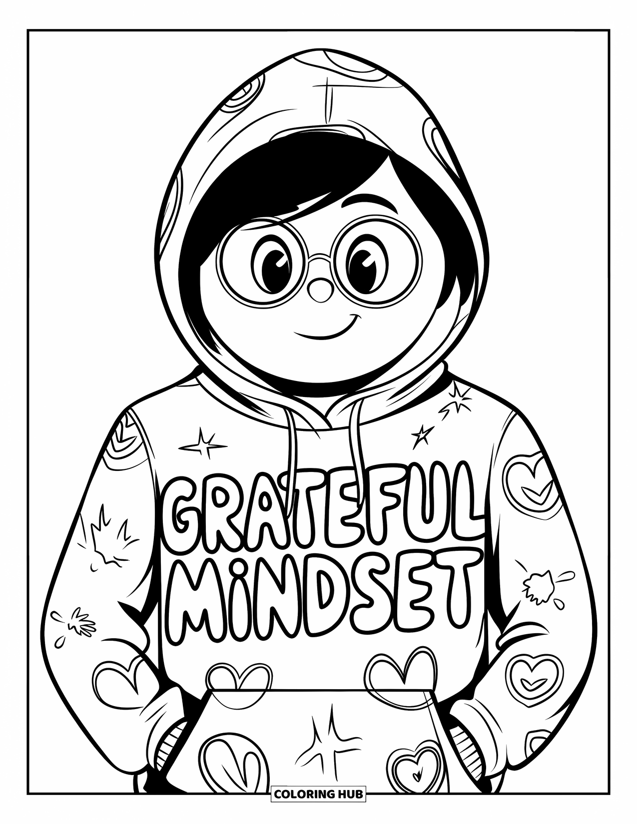 Gratitude Coloring Page for Kids: A friendly character in glasses wears a "Grateful Mindset" hoodie with cute symbols