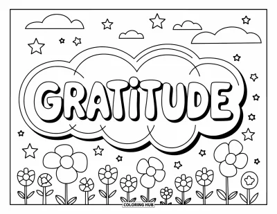 Coloriage de gratitude pour enfants : Le mot "Gratitude" en grosses bulles entouré d'étoiles, de nuages et de fleurs