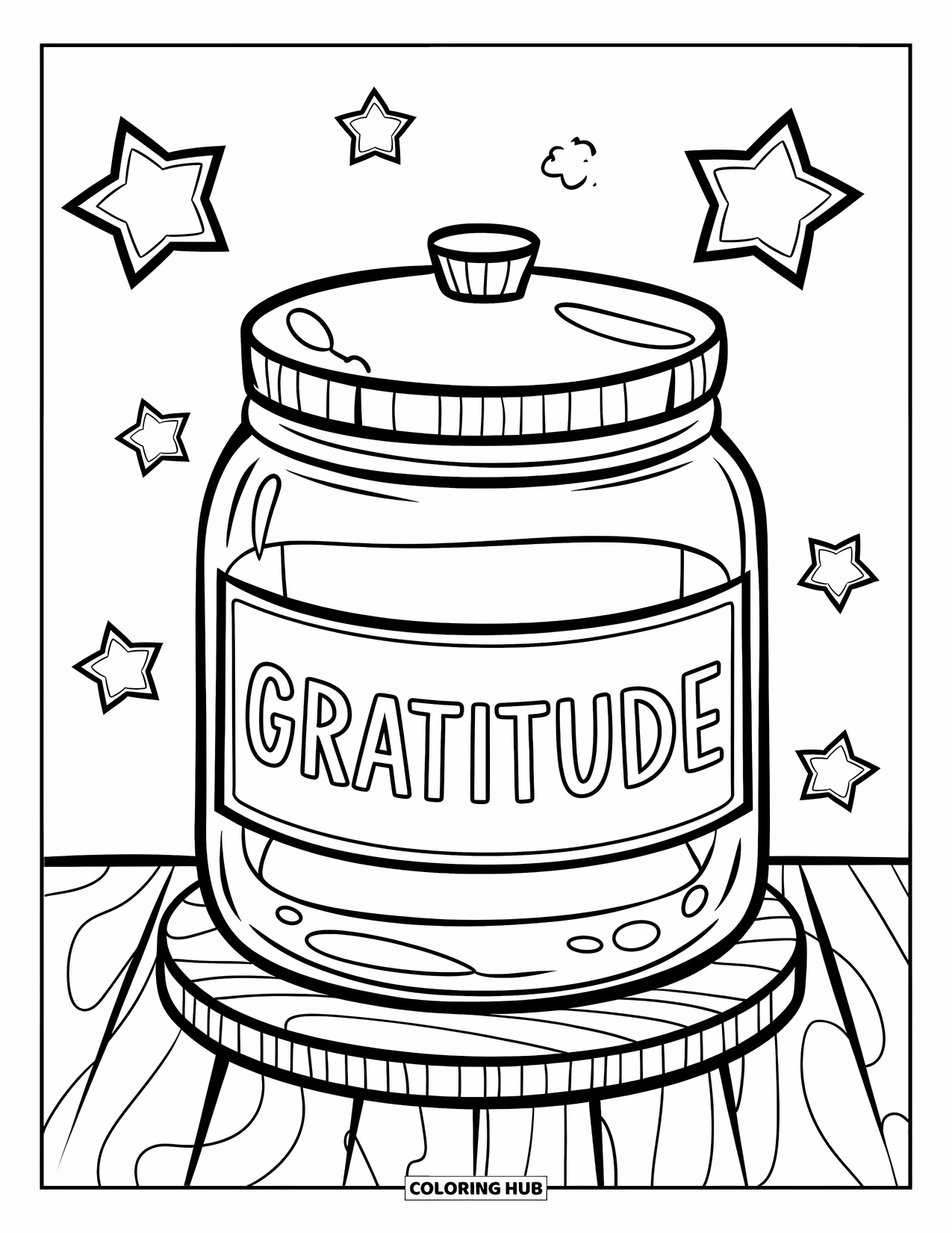 Gratitude Coloring Page for Kids: A gratitude jar on a wooden base with stars sprinkled around