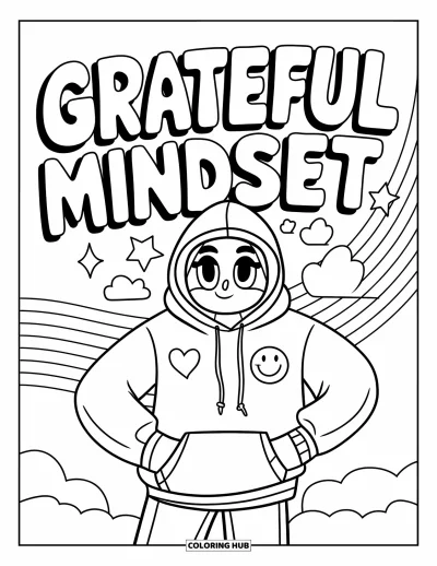 Coloriage de gratitude pour enfants : Un personnage heureux porte un sweat à capuche "Grateful Mindset" avec des symboles de cœurs et d'étoiles