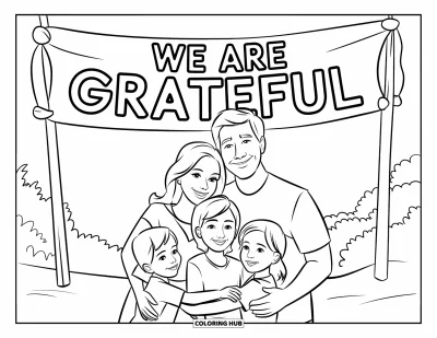Coloriage de gratitude pour enfants : Une famille heureuse s'enlace sous une banderole "We Are Grateful" dans un champ verdoyant