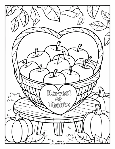 Coloriage de gratitude pour enfants : Un panier de pommes en forme de cœur à côté de citrouilles avec l'inscription "Harvest of Thanks"