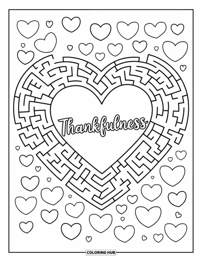 Coloriage de gratitude pour enfants : Un labyrinthe rempli de cœurs avec le mot "Thankfulness" en son centre