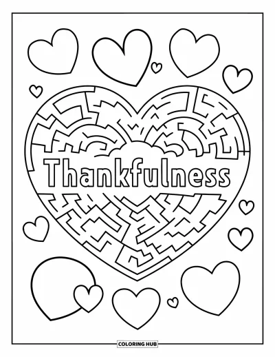 Coloriage de gratitude pour enfants : Un labyrinthe de cœurs avec "Thankfulness" au centre et de petits cœurs éparpillés