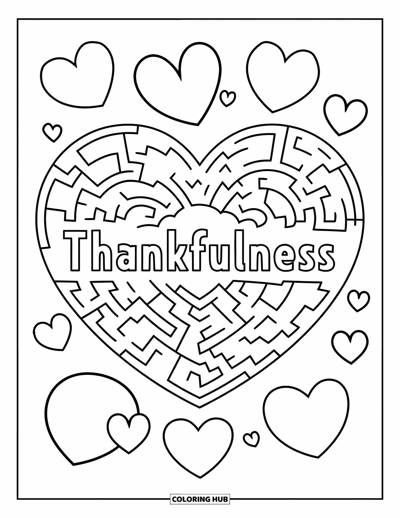 Gratitude Coloring Page for Kids: A heart maze with "Thankfulness" at the center and tiny scattered hearts