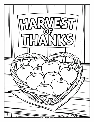 Coloriage de gratitude pour enfants : Un panier en forme de cœur plein de pommes avec l'inscription "Harvest of Thanks" au-dessus