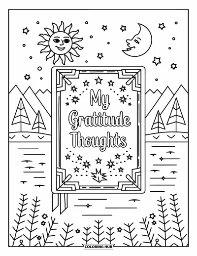 Coloriage de gratitude pour enfants : Un journal intitulé "My Gratitude Thoughts" avec un soleil, une lune et des étoiles à proximité