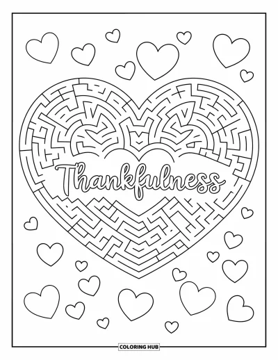 Coloriage de gratitude pour enfants : Un labyrinthe de cœurs avec "Thankfulness" au centre et de petits cœurs tout autour