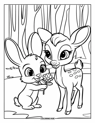 Coloriage de gratitude pour enfants : Un lapin offre une fleur à un cerf dans une forêt paisible