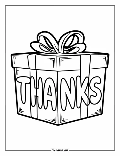 Coloriage de gratitude pour enfants : Un coffret cadeau noué d'un ruban avec "Thanks" posé sur un socle en bois