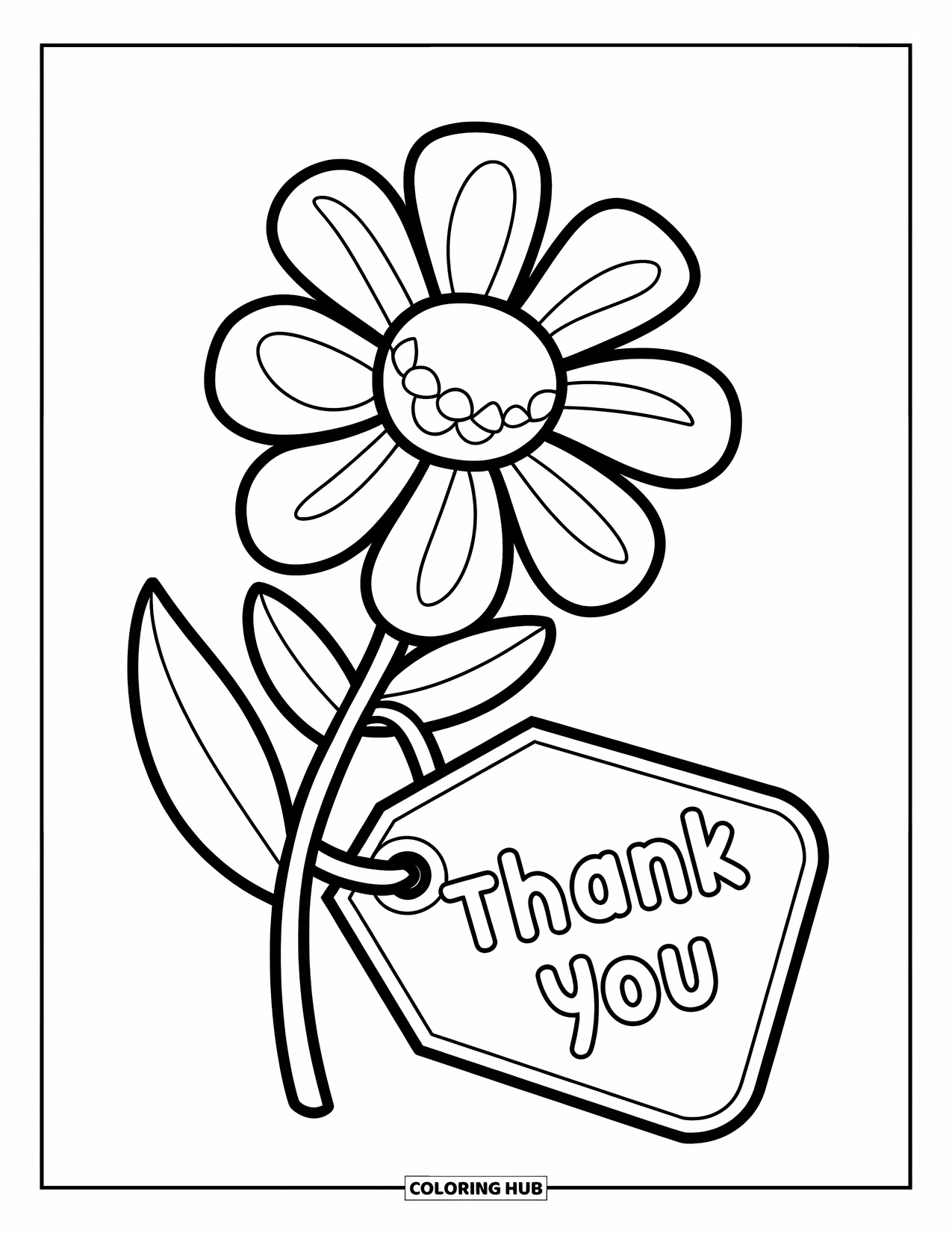 Gratitude Coloring Page for Kids: A single flower with layered petals and a "Thank You" tag on its stem