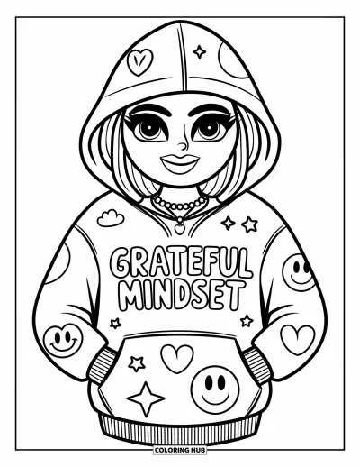 Coloriage de gratitude pour enfants : Un personnage souriant porte un sweat à capuche "Grateful Mindset" avec des symboles de cœurs et d'étoiles