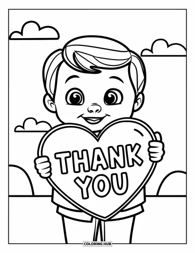 Coloriage de gratitude pour enfants : Un enfant souriant tient un grand cœur "Thank You" sous quelques nuages doux