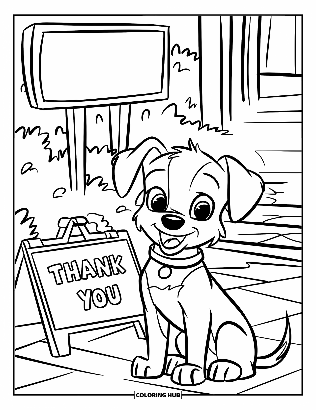 Gratitude Coloring Page for Kids: A sweet puppy with a collar beside a "Thank You" sign on a path