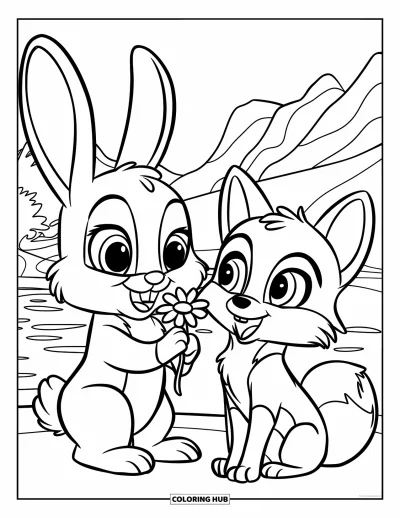 Coloriage de gratitude pour enfants : Un adorable lapin offre une fleur à un renard surpris près de montagnes et d'un lac