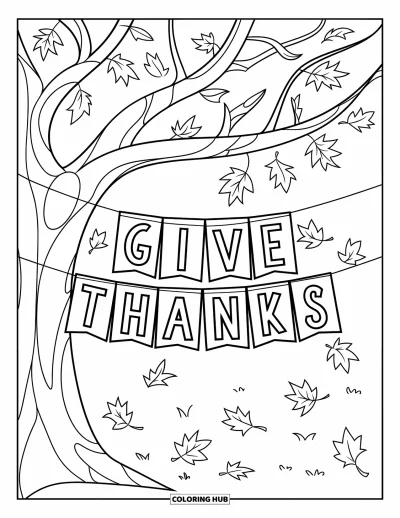 Coloriage de gratitude pour enfants : Un arbre dont les feuilles tombent avec une banderole "Give Thanks" suspendue à ses branches