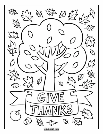 Coloriage de gratitude pour enfants : Un arbre aux feuilles tombantes avec une banderole "Give Thanks" accrochée à ses branches
