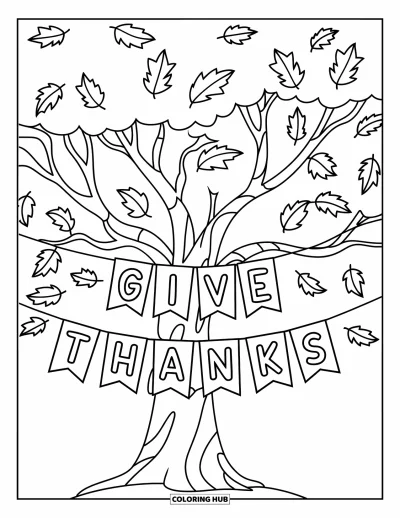 Coloriage de gratitude pour enfants : Un arbre aux feuilles rondes avec une banderole "Give Thanks" tendue entre ses branches
