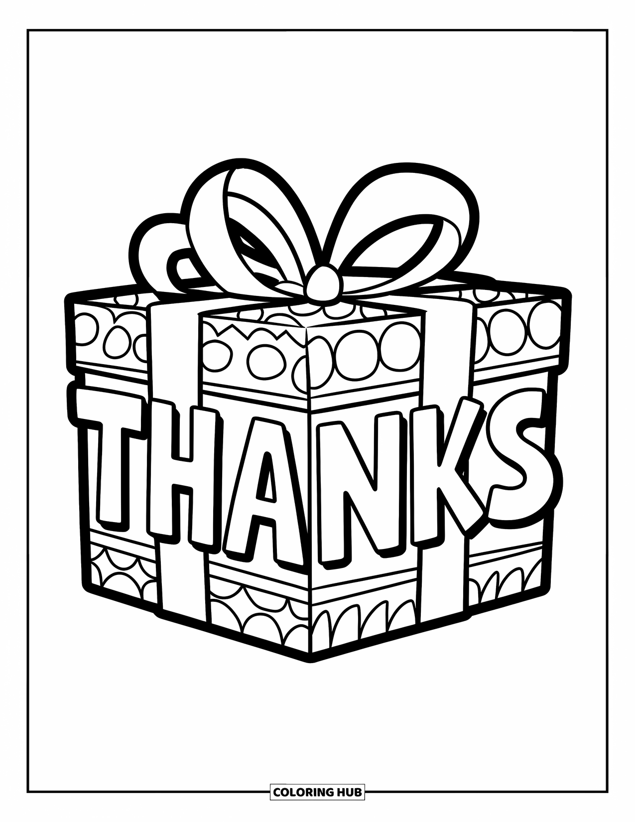 Gratitude Coloring Page for Kids: A wrapped gift box with "Thanks" written big and a bow on top