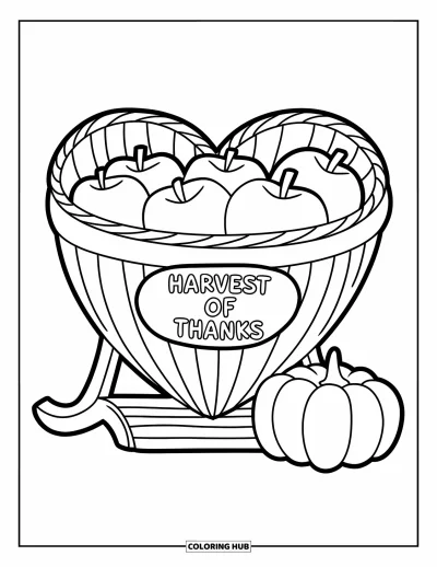 Coloriage de gratitude pour enfants : Des pommes dans un panier en forme de cœur sur un présentoir avec le panneau "Harvest of Thanks"