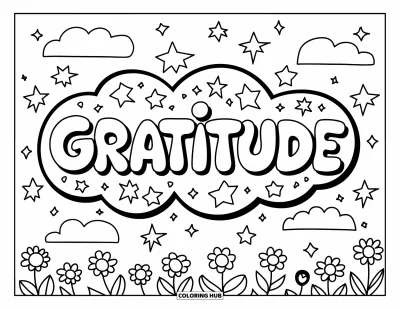 Coloriage de gratitude pour enfants : Le mot "Gratitude" en grosses lettres rondes avec des étoiles, des nuages et des fleurs éparpillées