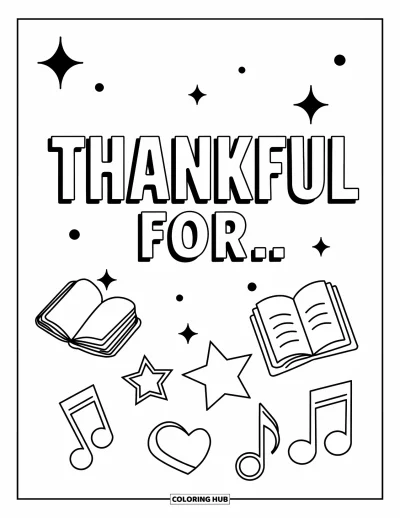 Coloriage de gratitude pour enfants : Des icônes flottantes de livres, d'étoiles, de câlins et de musique sous l'inscription "Thankful For"