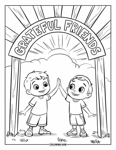 Coloriage de gratitude pour enfants : Des enfants souriants se tapent dans la main sous une arche en bois "Grateful Friends"