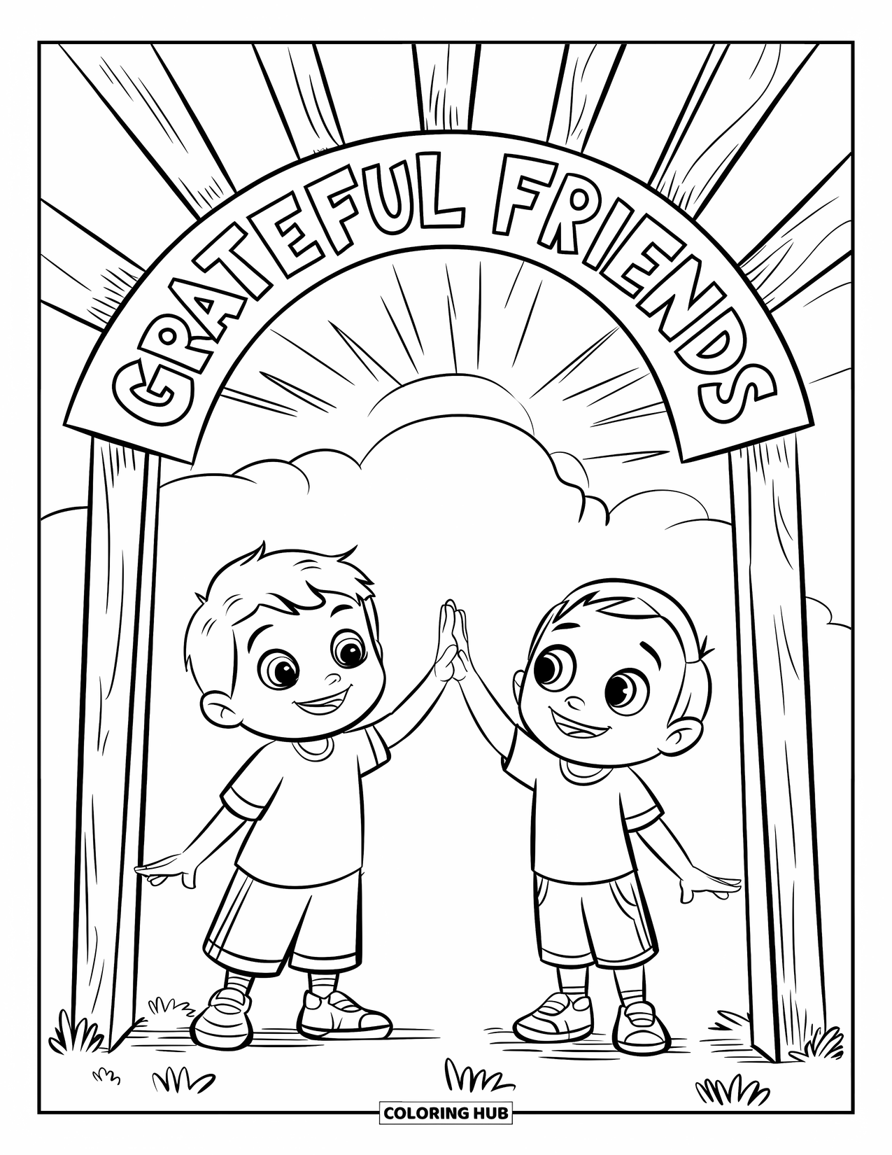 Gratitude Coloring Page for Kids: Kids with big smiles high-five under a wooden "Grateful Friends" arch