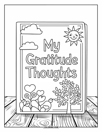 Coloriage de gratitude pour enfants : Un journal "My Gratitude Thoughts" avec un soleil, un nuage, un arbre et un petit cœur
