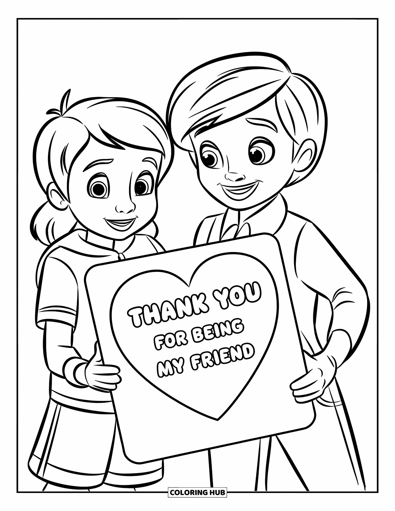 Gratitude Coloring Page for Kids: One smiling kid hands a thank-you card to a friend with a sweet message